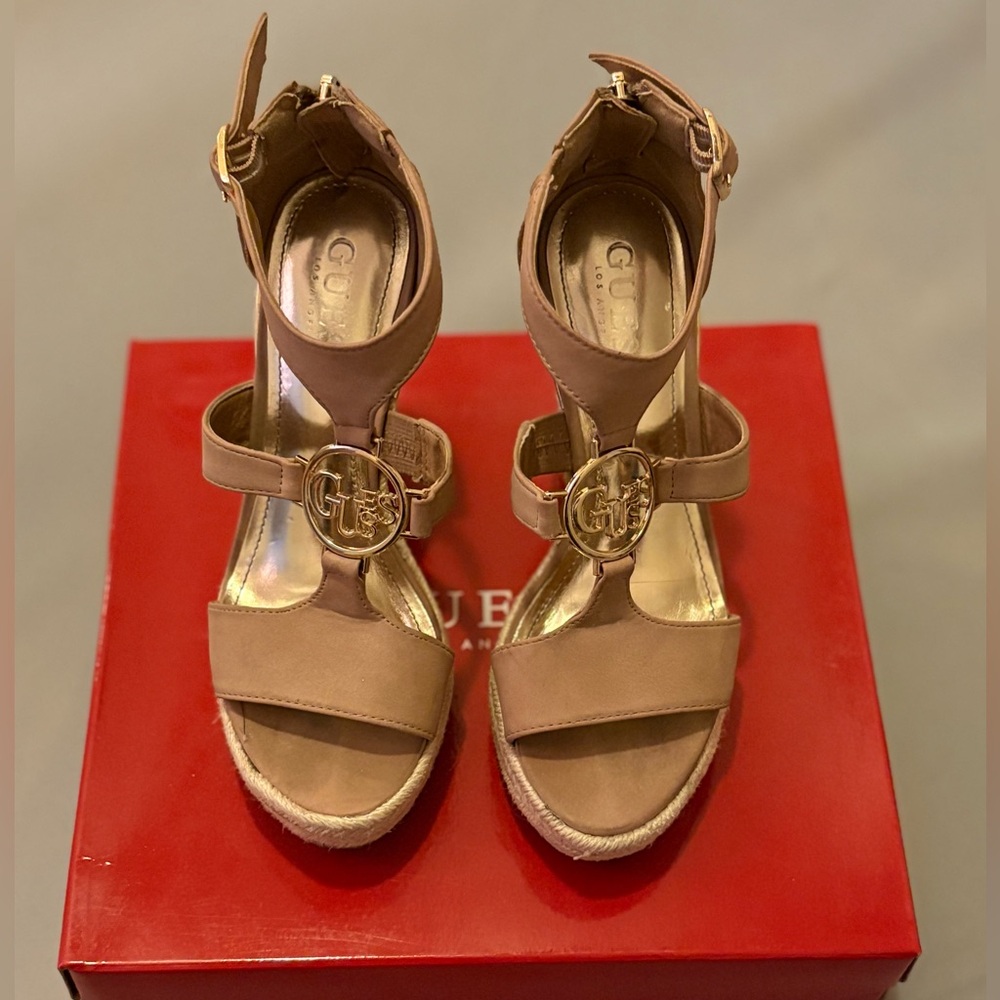 Guess Women's Sued Tan Wedges with Gold Guess Accents